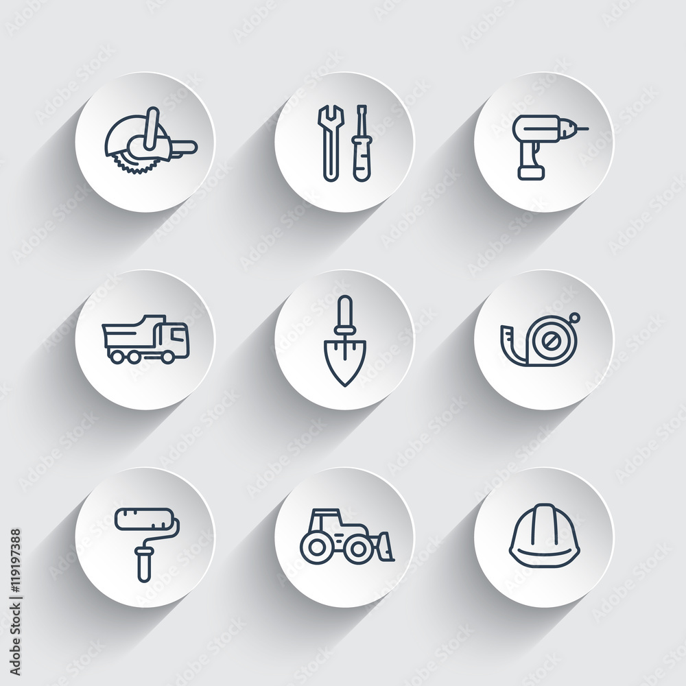 Sticker construction line icons, equipment and tools, trowel, tape-measure, roller, drill, bulldozer, truck