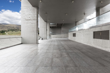 landscape of hill from empty brick floor