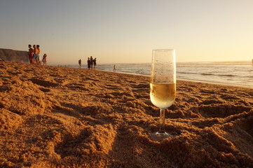 Glass of wine at the sunset