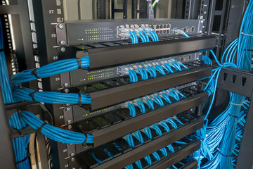 Network switch and ethernet cables in rack cabinet, Computer and information network system technology.