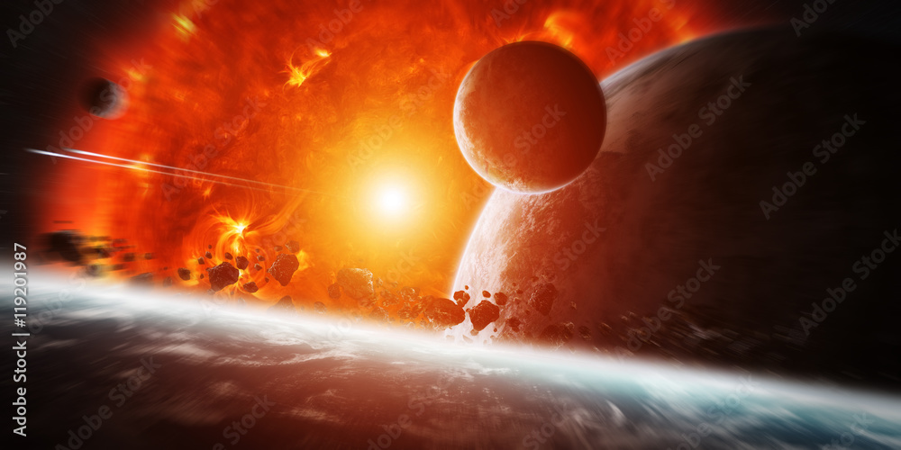 Wall mural exploding sun in space close to planet