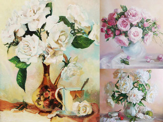drawing oil, flowers, still life, painting, roses, 3 in 1 - 119201929