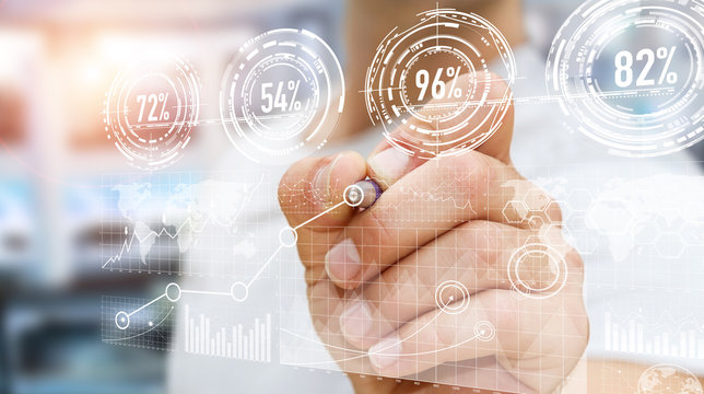 Businessman using digital graph interface with a pen ‘3D rende