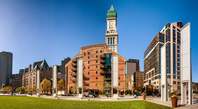 Boston skyline on a beautiful day with custom house tower