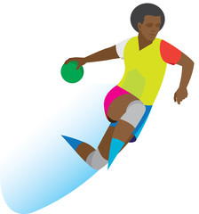 African American handball player throws a ball in a jump