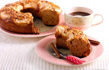 Applesauce coffee cake, sliced on plate