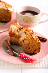 Applesauce coffee cake, sliced on plate
