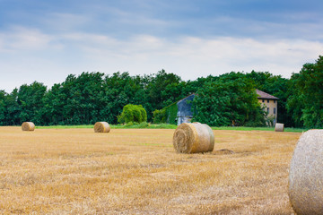 Italian countryside panorama. Round bales on wheat field