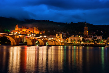 Beautiful Neckar Alte Bruecke Twilight Cityscape Heidelberg Germany