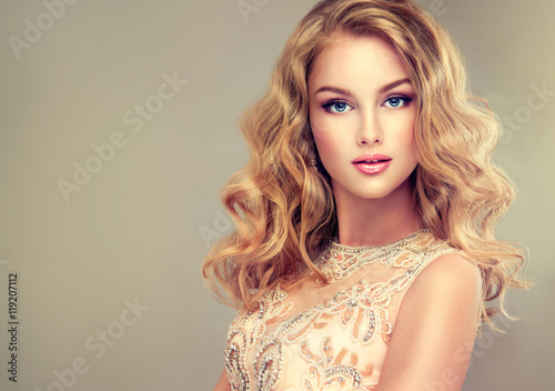Young Beautiful Woman Dressed In Evening Gown Loose Wavy