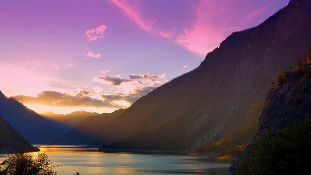 4K Pink and Gold Sunset, Sun Rays Over Mountains Crepuscular Rays, Golden Hour