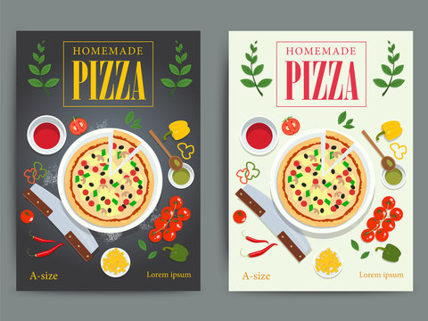 Set of bright pizzeria advertisement posters design. Vector