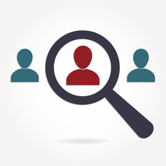 Customer target, Human resources or Recruitment symbol. Magnifying glass and man silhouette icon. Vector illustration.
