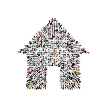 Vue a&eacute;rienne d'hommes et de femmes qui se regroupent pour former une maison. Concept d'immobilier. Rendu 3D
