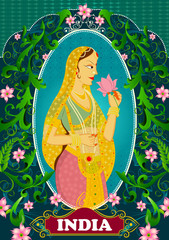 Floral background with Queen smelling lotus showing Incredible India