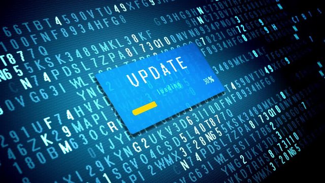 Progress bar of Update loading process on computer display with animated numbers on background. 4K video.