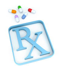 Capsules and Rx symbol on white background. 3d Rendering