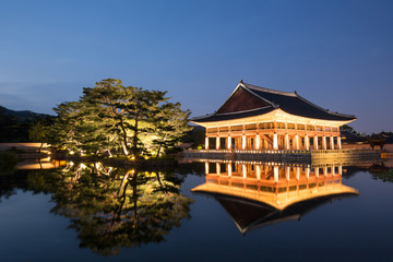Gyeongbokgung Palace at night in Seoul, South Korea.