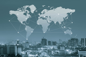 City with world map and conneting line, globalization conceptual