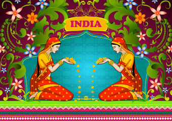 Floral background with Indian woman welcoming  flower showing Incredible India