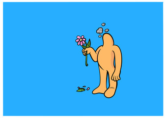 A sad and heartbroken figure character with a flower in his hand. Vector Illustration