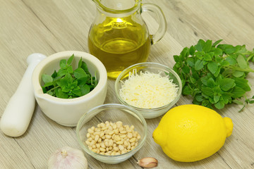 Ingredients for pesto sauce. Selective focus.