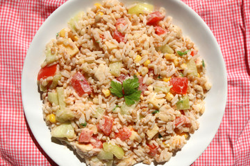 Cold salad with chicken, rice, various vegetables (tomato, pepper, cucumber, corn) and seasoning. Decorated with parsley leaves. Top view. 