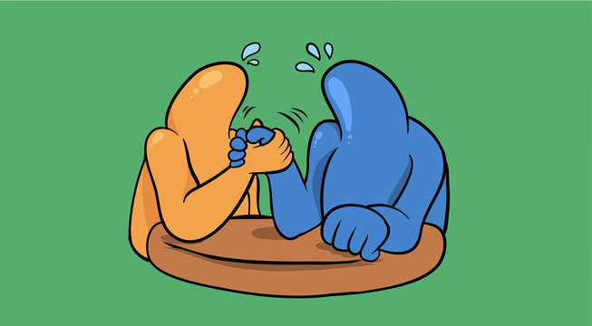 Two schematic guys training on arm wrestling. Vector Illustration