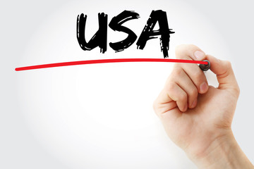 Hand writing USA with marker, concept background