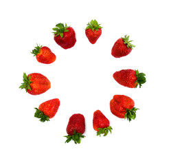 Ripe garden strawberry (strawberry, Fragaria x ananassa) on a white background with space for text. Flat lay