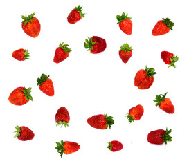 Ripe garden strawberry (strawberry, Fragaria x ananassa) on a white background with space for text. Flat lay
