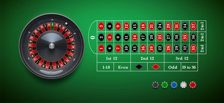 vector illustration of  roulette wheel with casino chips isolated on green  table realistic objects 3d with place for text eps 10 