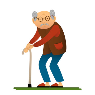 Funny illustration of old man with cane, cartoon character