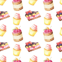 Seamless pattern with watercolor cakes