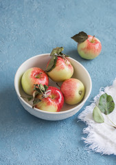 Fresh apples in a bowl on a blue background. Rustic style
