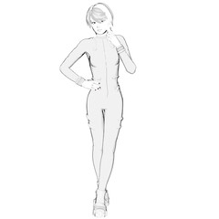 One young girl drawn in anime style. She stands in front of the camera and her left hand points to his cheek. Legs crossed