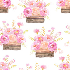 Seamless pattern with pink roses in wood boxes