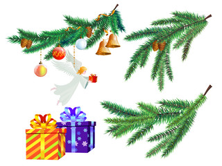 Christmas background elements with fir branches. Angel and gift boxes.