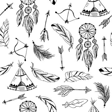 Seamless pattern with tribal, indian elements