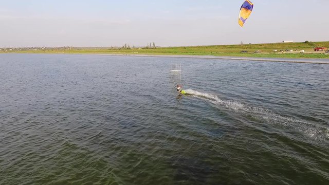 Aerial view of parasailing in lake.