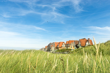 Ligne de côte en Belgique avec dunes et maisons typiques.