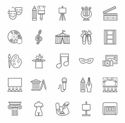 Art & culture, icons, monochrome, outline. Vector contour icons attributes of culture and art. Gray image on a white background. 