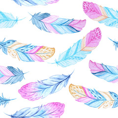 Fototapeta na wymiar Watercolor feathers seamless pattern
