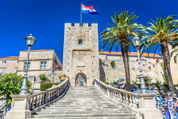 Tower old town Korcula. / View at Revelin tower, famous landmark in old town Korcula, Croatia Europe.