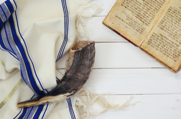 Prayer Shawl - Tallit and Shofar (horn) jewish religious symbol.