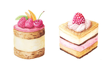 Watercolor fruit cakes with fruits