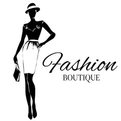 Fashion boutique logo with black and white woman silhouette vector