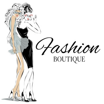 Fashion boutique logo with black and white woman silhouette vector