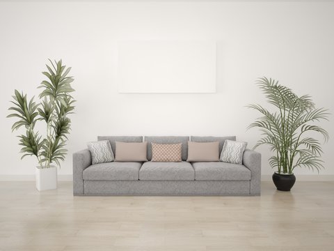 Mock up poster with white background and a comfortable sofa.