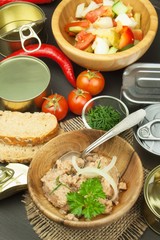 Crushed tuna canned. The fishing industry, canned fish. Diet food. Tinned tuna. Bowl with canned Tuna. Domestic food preparation.
